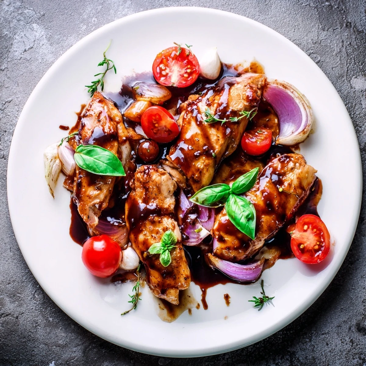 Golden, tender One Pan Juicy Chicken with Balsamic Sauce simmering with cherry tomatoes and fresh herbs in a skillet.