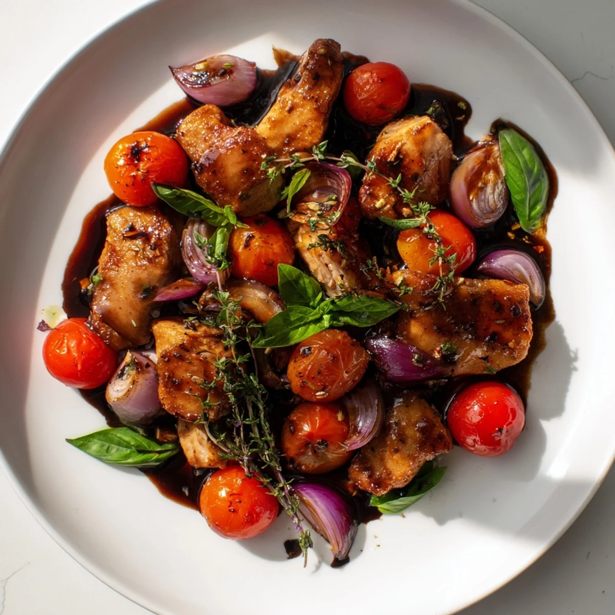 Juicy One Pan Juicy Chicken with Balsamic Sauce served alongside crusty bread to soak up the garlic and herb sauce.