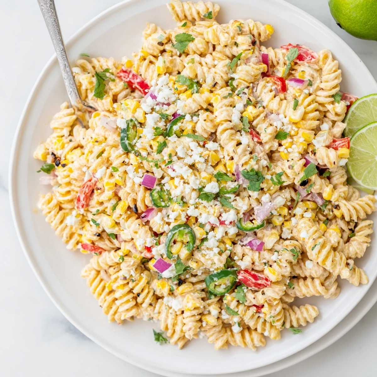 Bright and colorful bowl of Juicy Street Corn Pasta Salad with charred corn, creamy dressing, and cotija cheese.