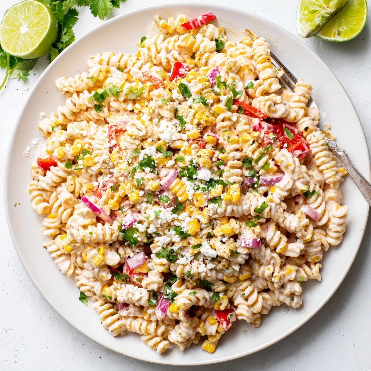 Serving suggestion of Juicy Street Corn Pasta Salad with lime wedges, cilantro, and chili powder garnish.