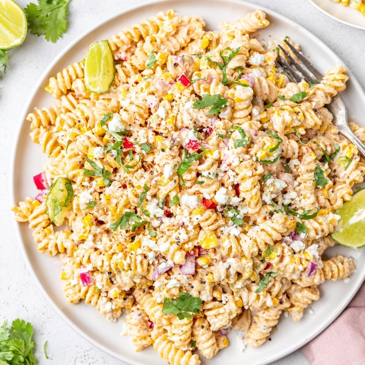 Close-up view of Juicy Street Corn Pasta Salad featuring red bell pepper, red onion, and jalapeños.