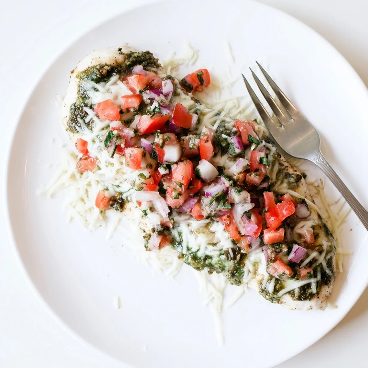 Golden Pesto Bruschetta Chicken served with extra bruschetta topping and a glass of Pinot Grigio.