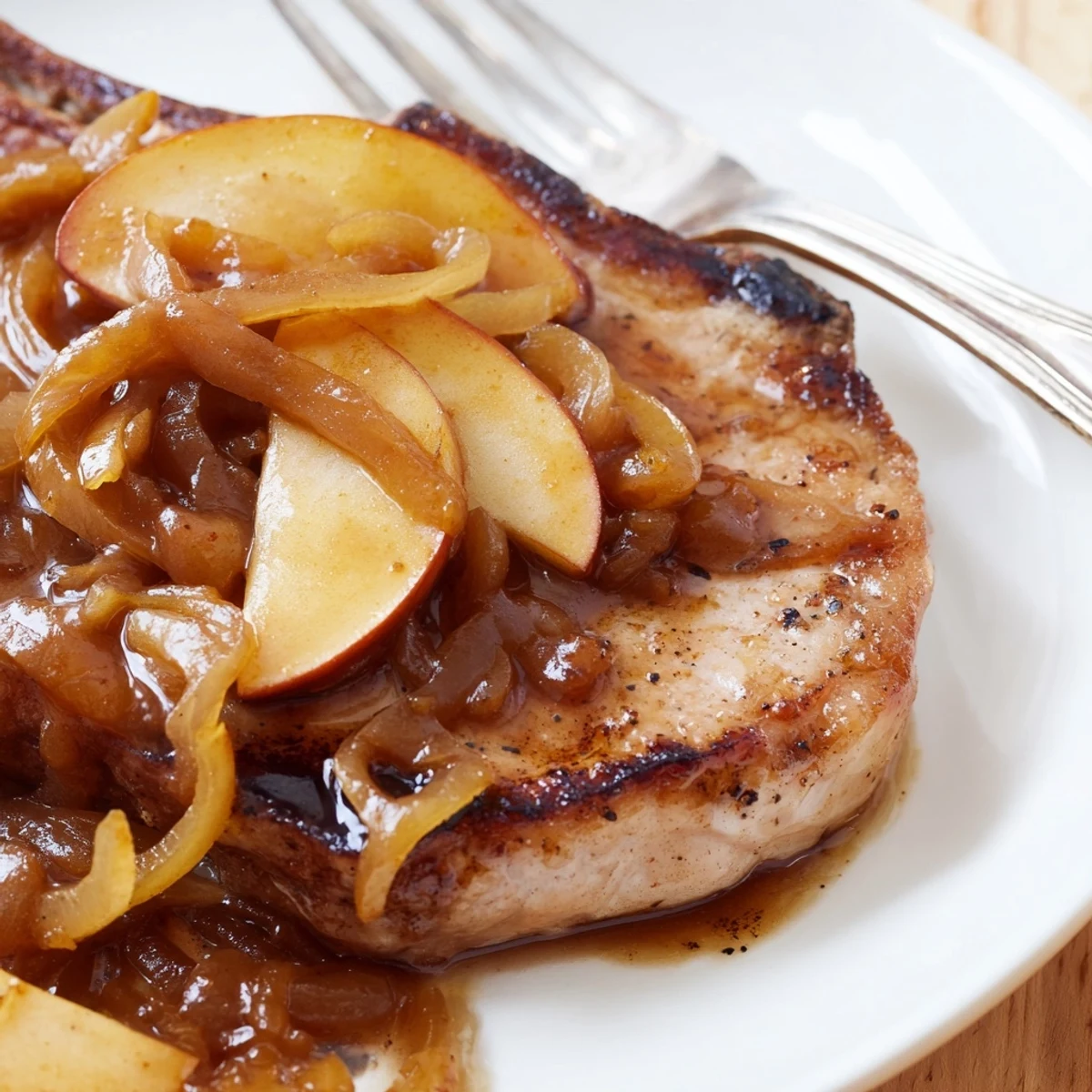 Tender apple butter pork chops served with sweet onions and spiced glaze on a white plate