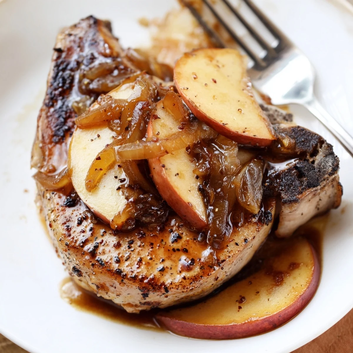 Savory pork chops smothered in cinnamon-spiced apple butter sauce with tender sautéed apples and onions