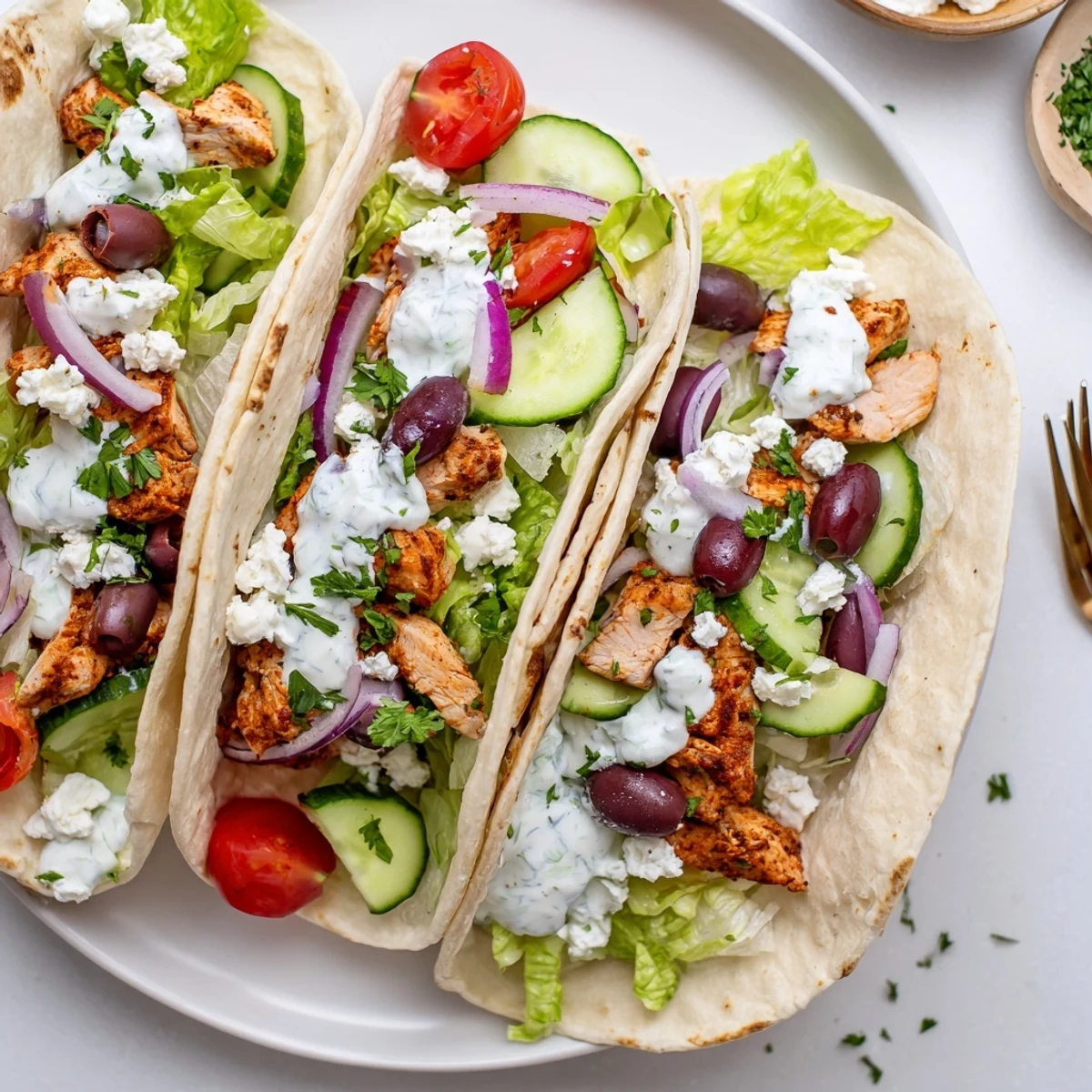 Golden grilled Mediterranean chicken tacos loaded with fresh vegetables and creamy yogurt sauce in soft tortillas