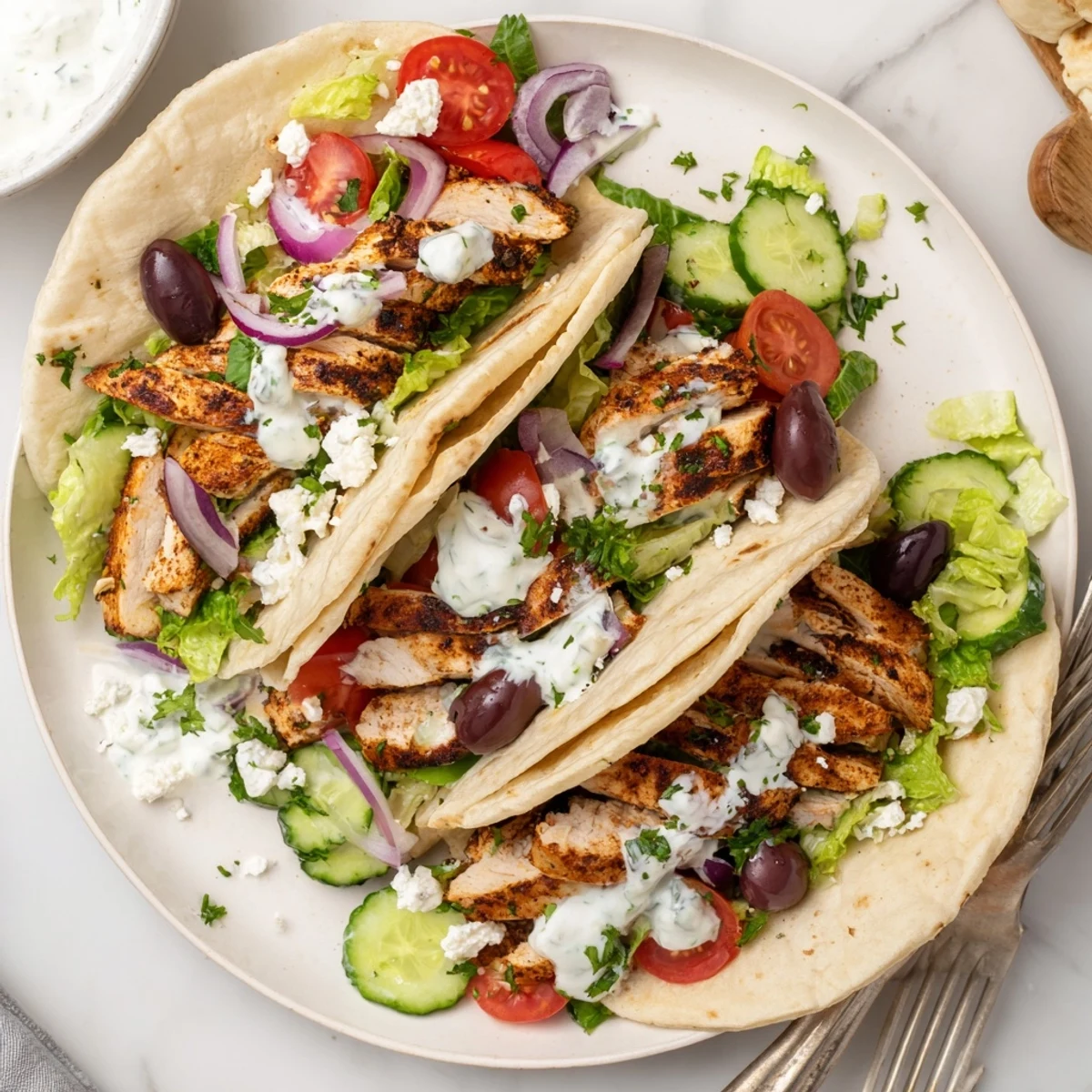 Mediterranean chicken tacos feature spiced grilled meat topped with crisp cucumbers, tomatoes, feta, and tangy garlic yogurt sauce