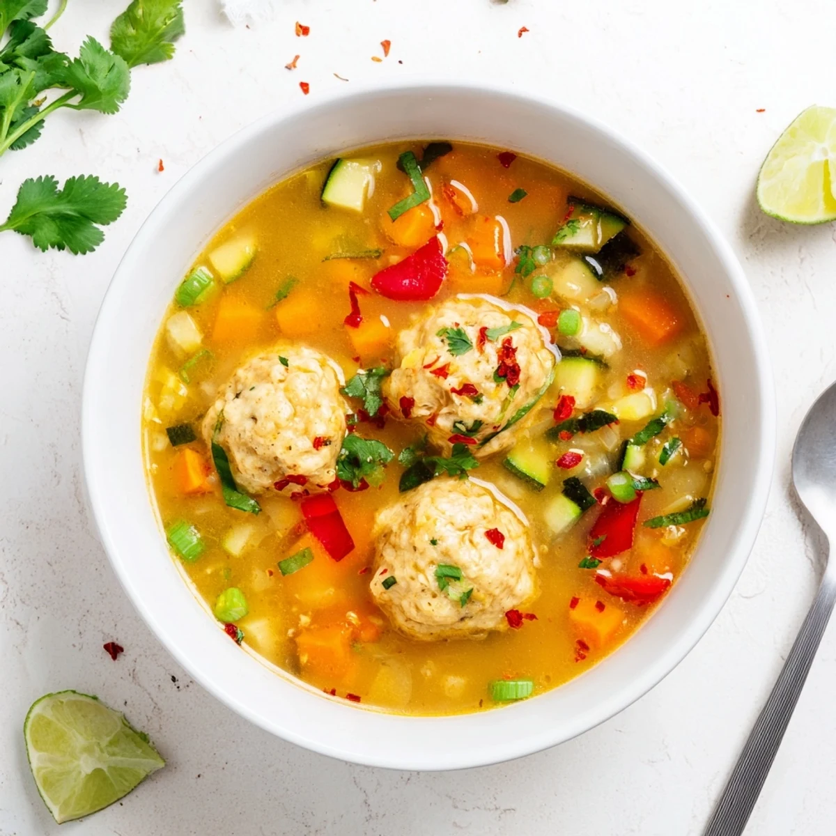Creamy coconut curry soup with fluffy dumplings floating in golden spiced broth alongside colorful vegetables