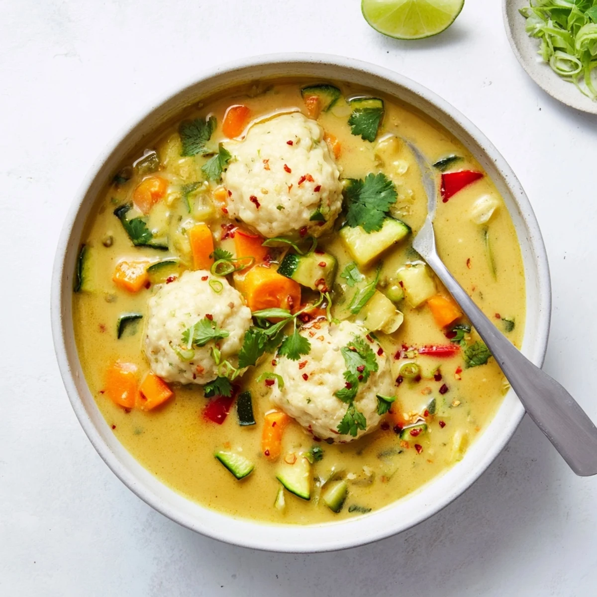 Golden bowl of simple coconut curry soup with dumplings garnished with fresh cilantro and lime wedges