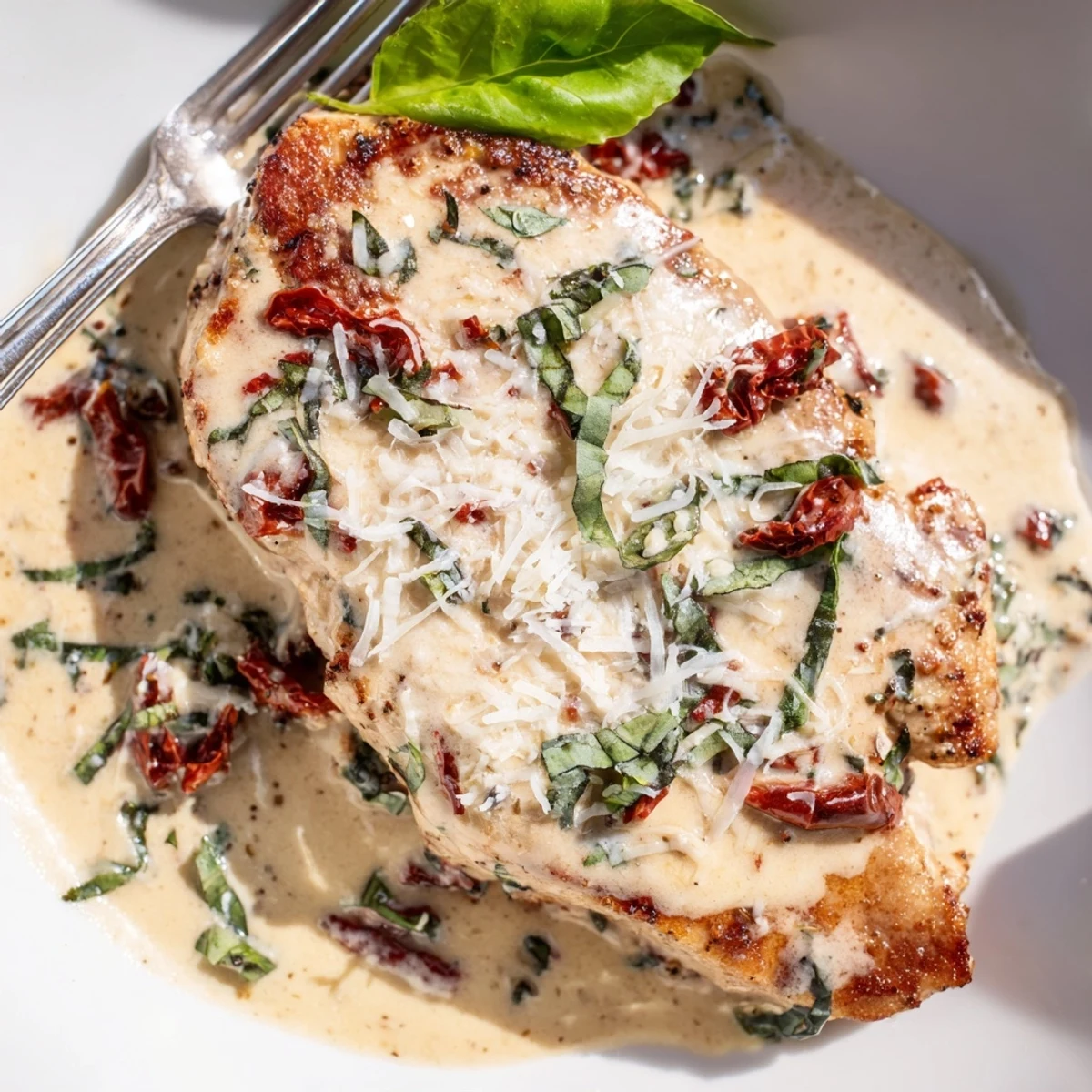 Golden brown Marry Me pork chops nestled in a creamy sun-dried tomato parmesan sauce with fresh basil garnish
