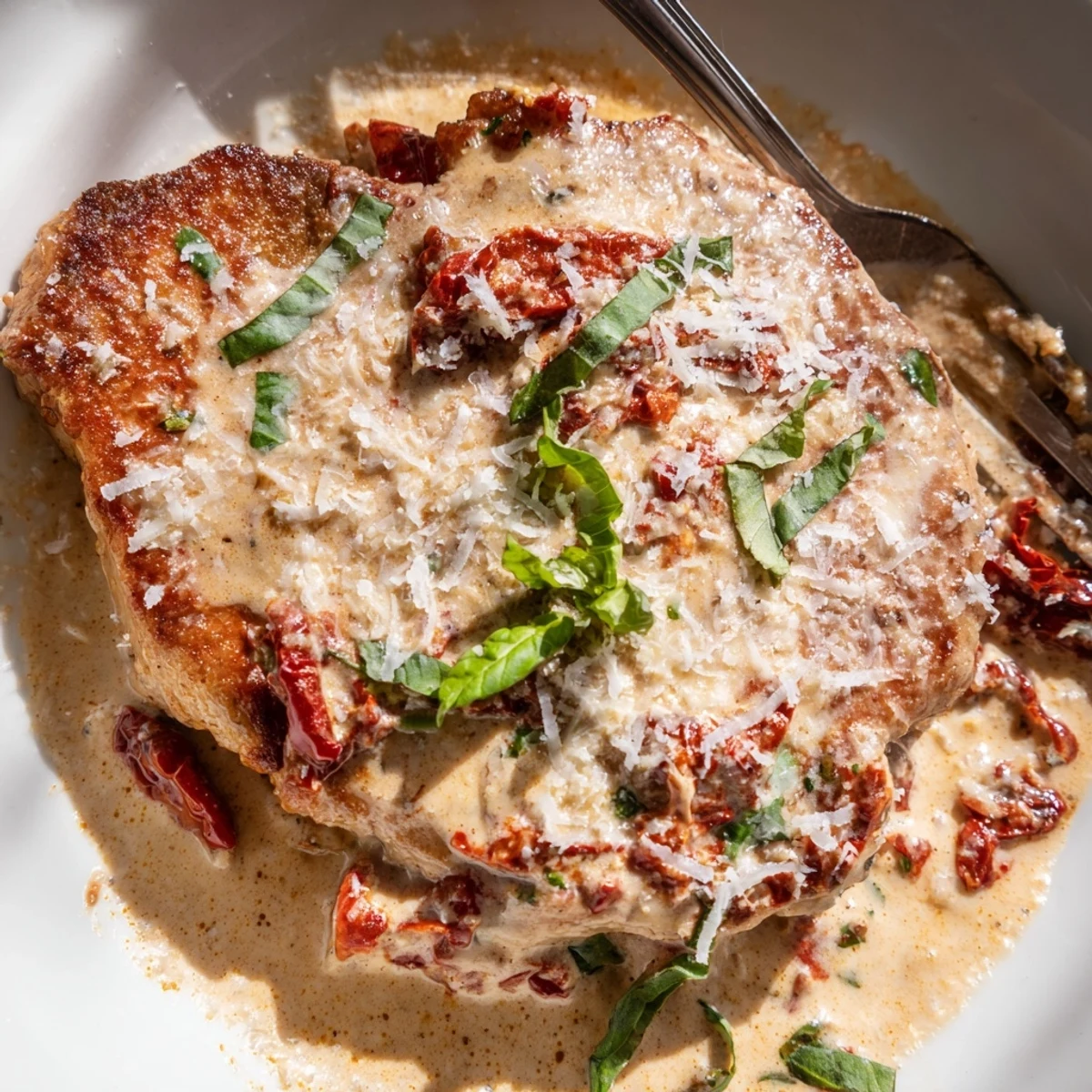 Succulent Marry Me pork chops plated in thick white sauce speckled with red tomato flakes and green basil