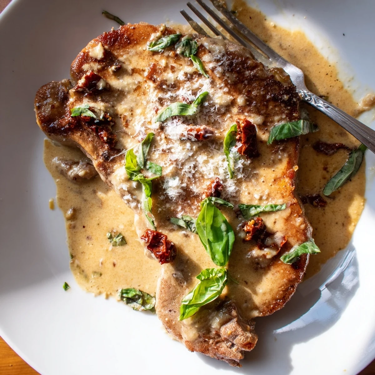 Tender boneless pork chops simmering in rich garlic cream sauce with chopped sun-dried tomatoes and melted parmesan