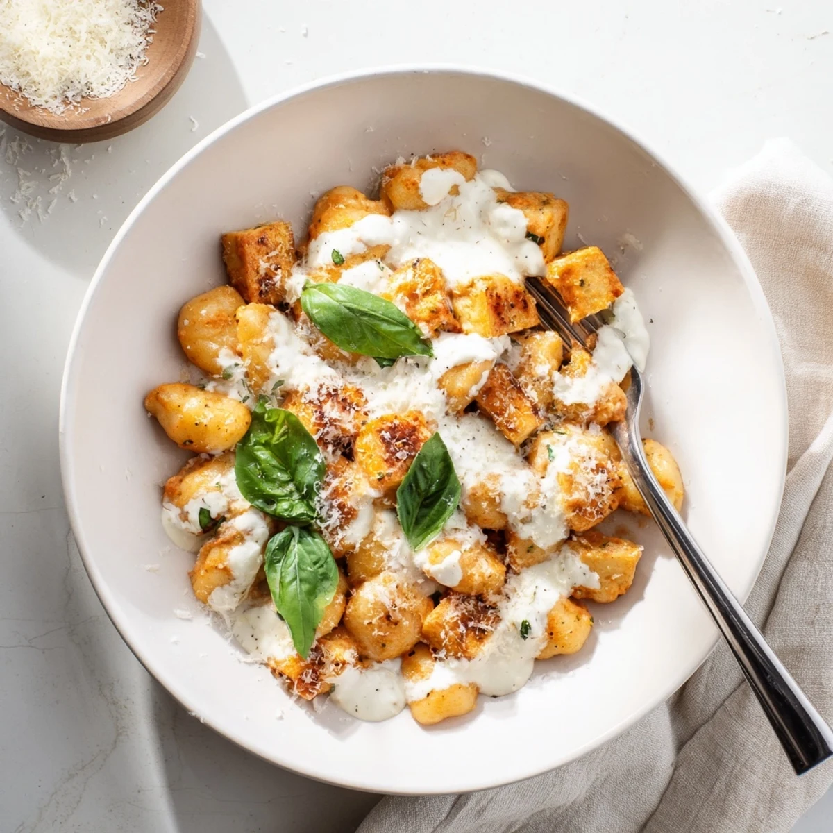 Golden crispy tofu cubes and pillowy potato gnocchi tossed in a rich creamy sun-dried tomato sauce