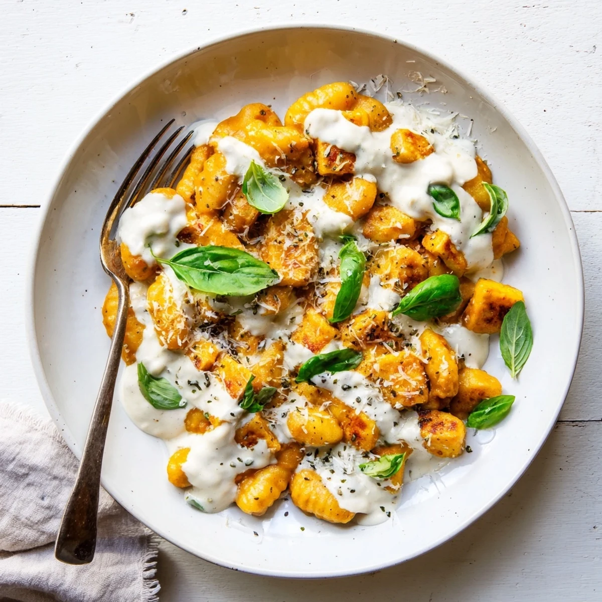 Italian-inspired crispy tofu and gnocchi dish coated in savory sun-dried tomato cream sauce with Parmesan