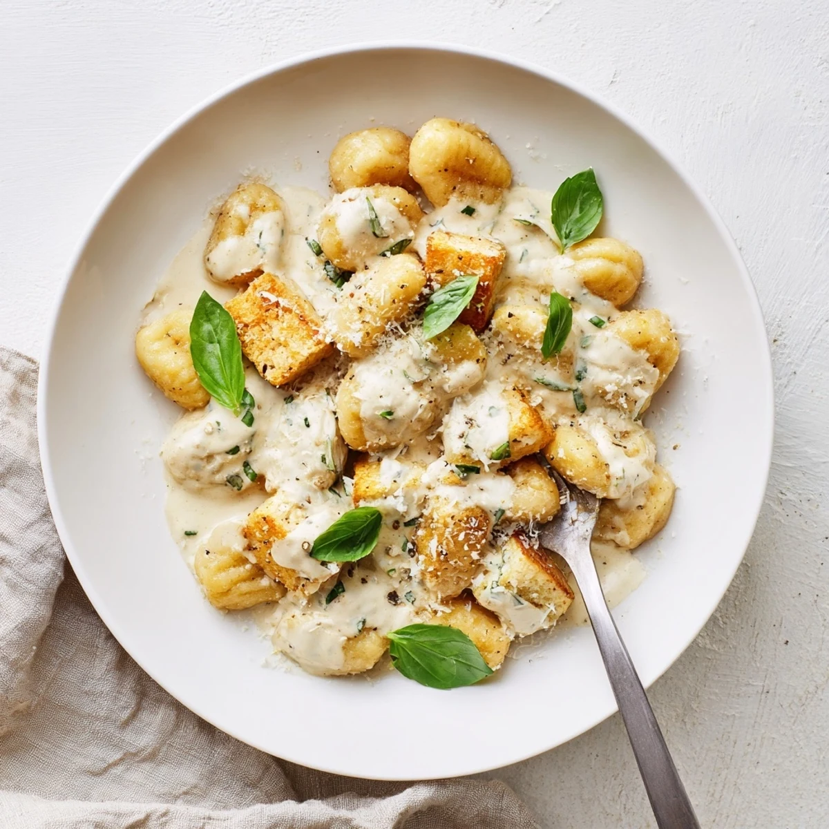 Vegan Marry Me crispy tofu with gnocchi served in a white bowl with fresh basil garnish