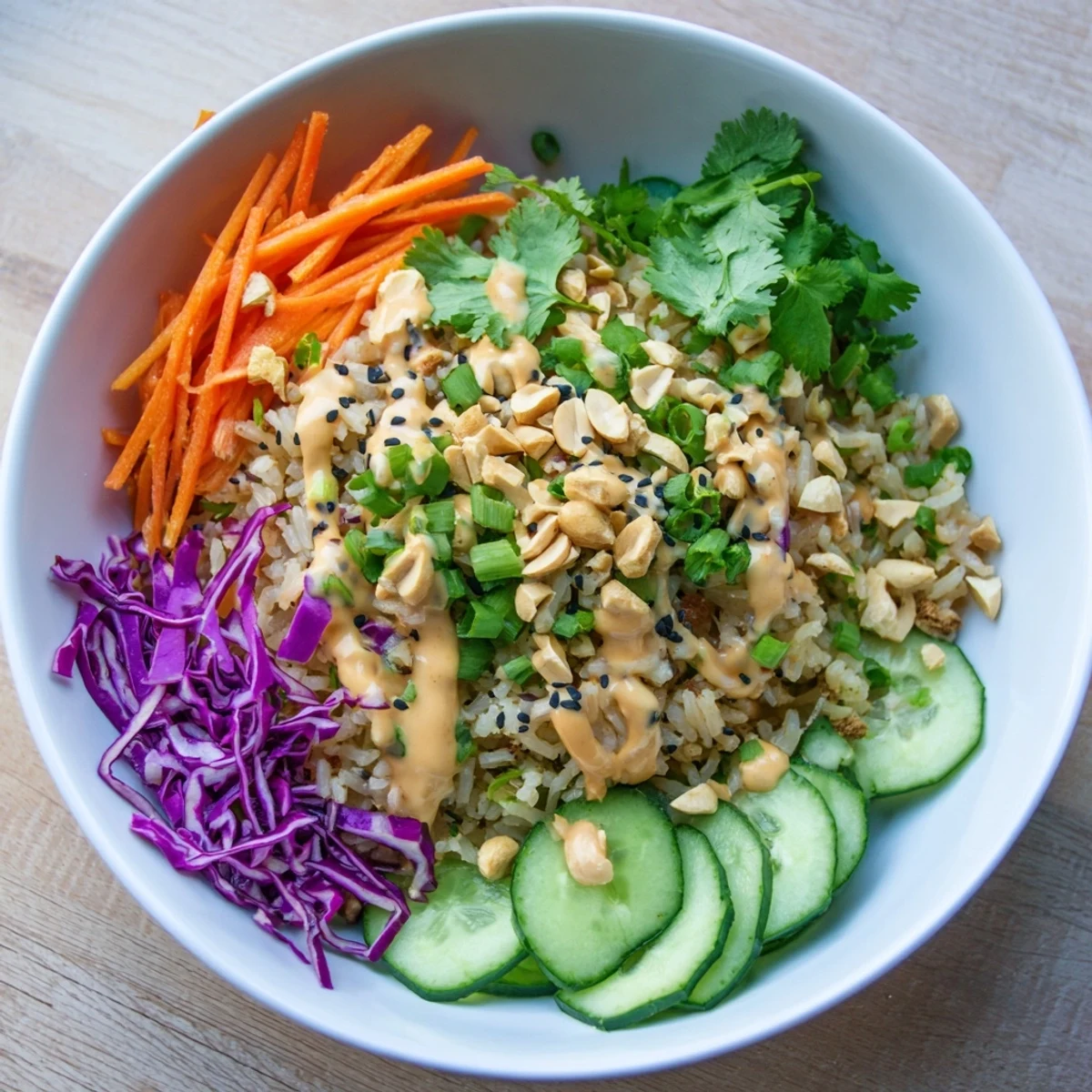 Colorful crispy rice salad with peanut sesame dressing featuring crunchy golden rice bits and fresh purple cabbage