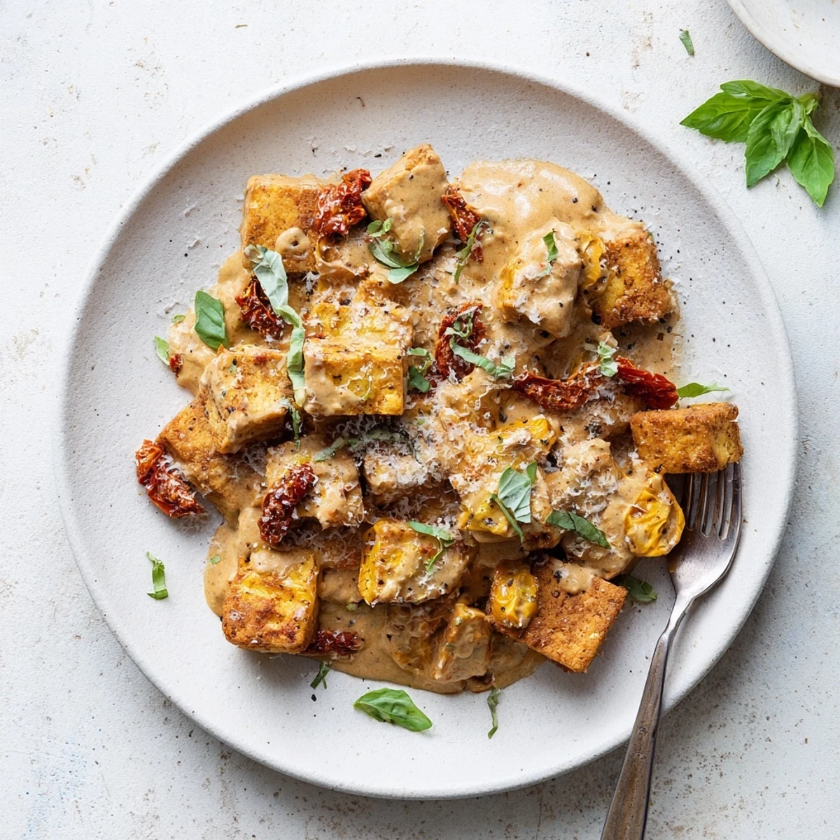 Crispy golden tofu cubes smothered in rich sun-dried tomato garlic cream sauce