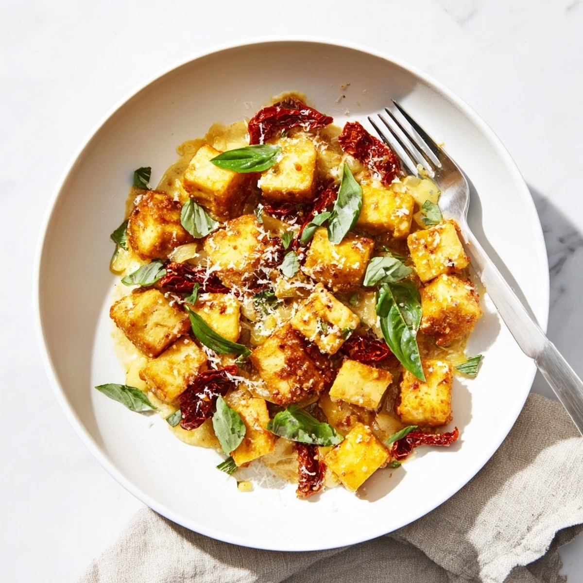 Creamy plant-based skillet dish featuring crispy tofu in sun-dried tomato basil sauce