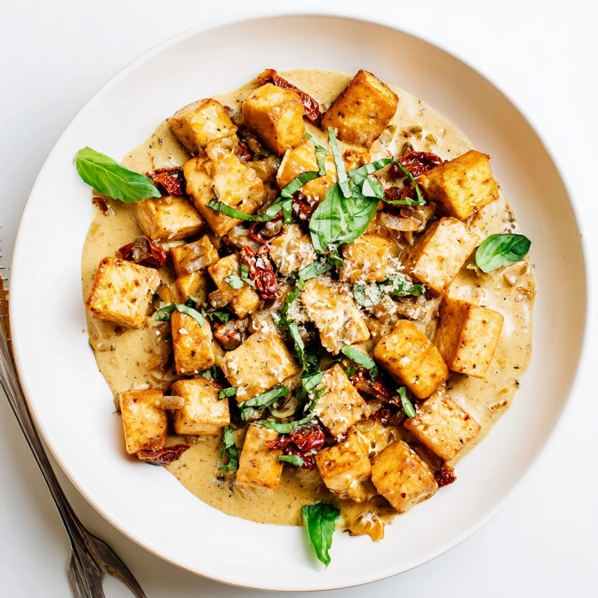 Golden Marry Me Tofu served over pasta with fresh basil garnish