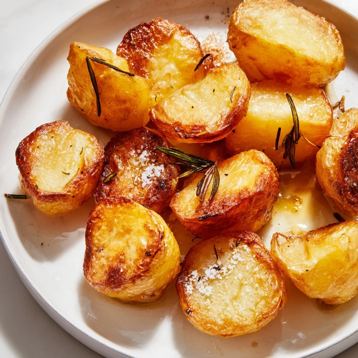 Golden brown homemade roast potatoes with crispy edges and fluffy centers, garnished with fresh rosemary sprigs on a white serving platter