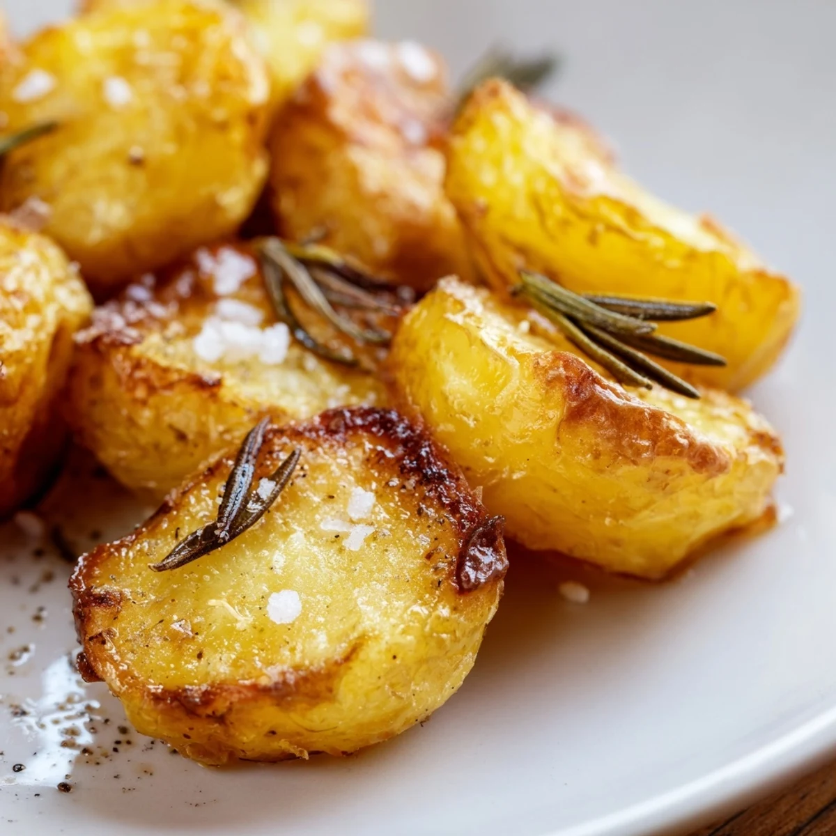 Fluffy homemade roast potatoes tossed with sea salt flakes and black pepper, served hot alongside roasted garlic cloves