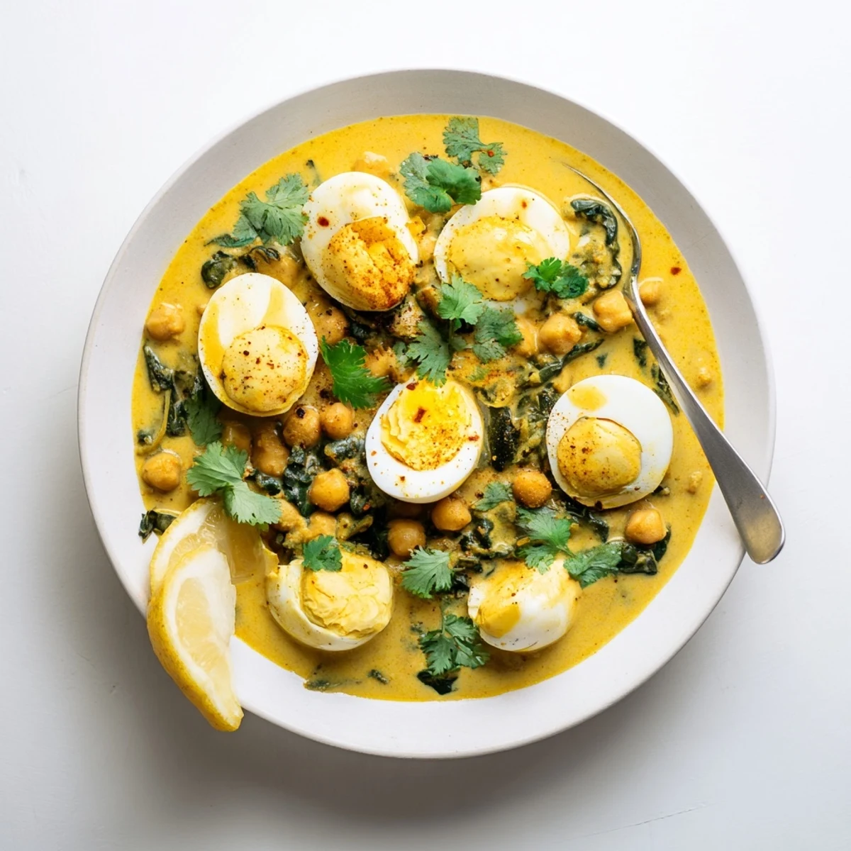 Creamy mild egg korma featuring tender halved eggs nestled in aromatic coconut sauce with chickpeas and fresh spinach