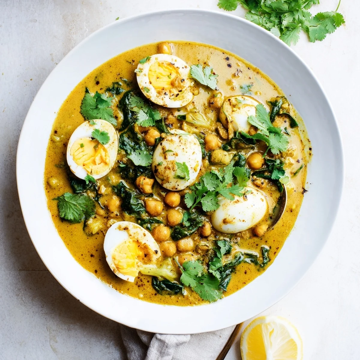 Garnished bowl of mild egg korma with chickpeas and spinach topped with cilantro and served with lemon wedges