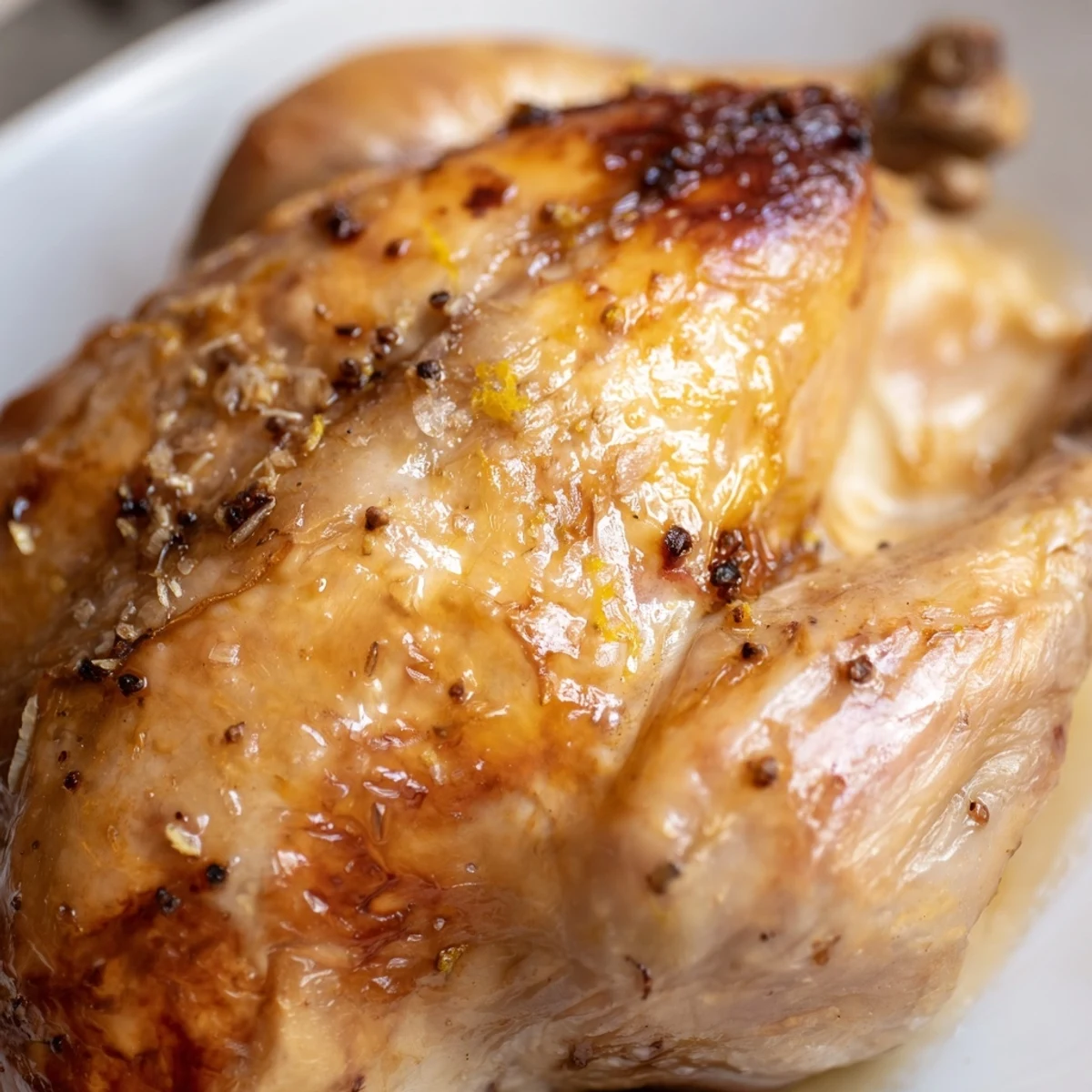 Whole roasted chicken with crispy skin stuffed with lemons and garlic on a wooden cutting board