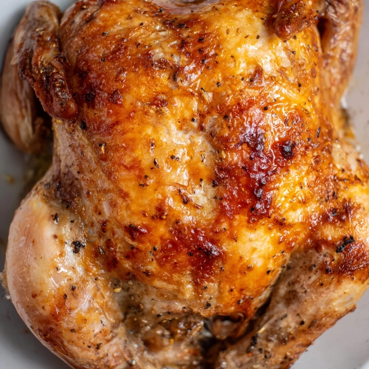 Golden brown roast garlic and lemon chicken resting on a roasting pan with caramelized vegetable bed