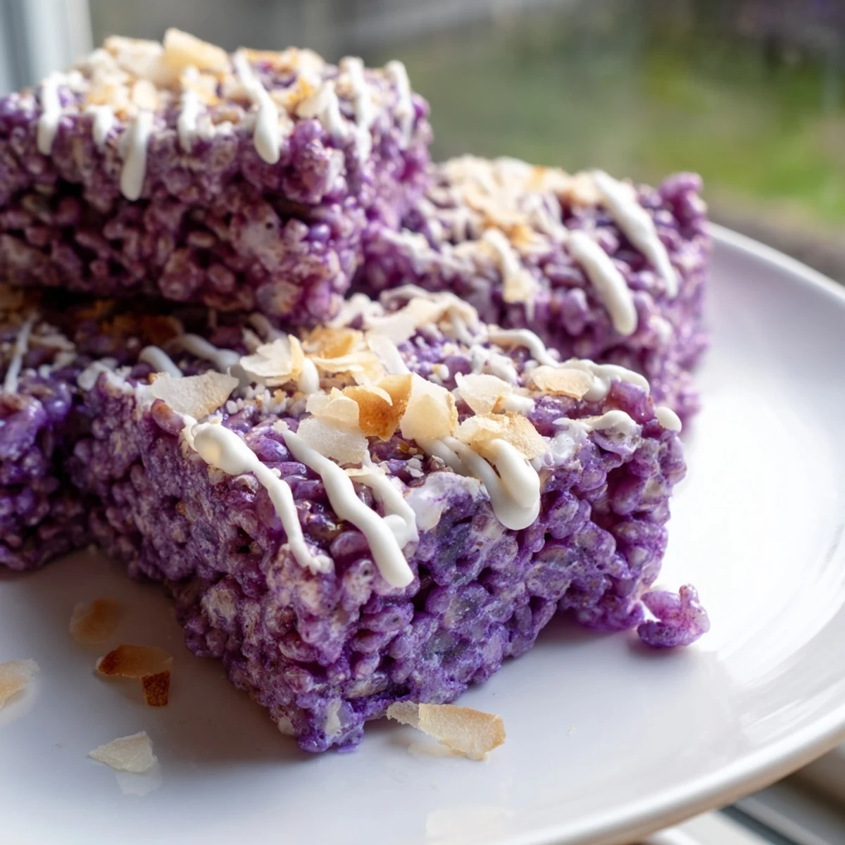 Vibrant purple ube rice krispie treats drizzled with white chocolate and toasted coconut flakes
