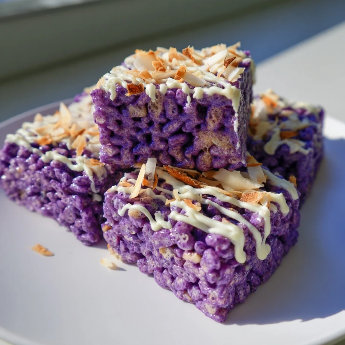 Chewy Filipino-inspired ube rice krispie squares studded with colorful purple yam and marshmallow