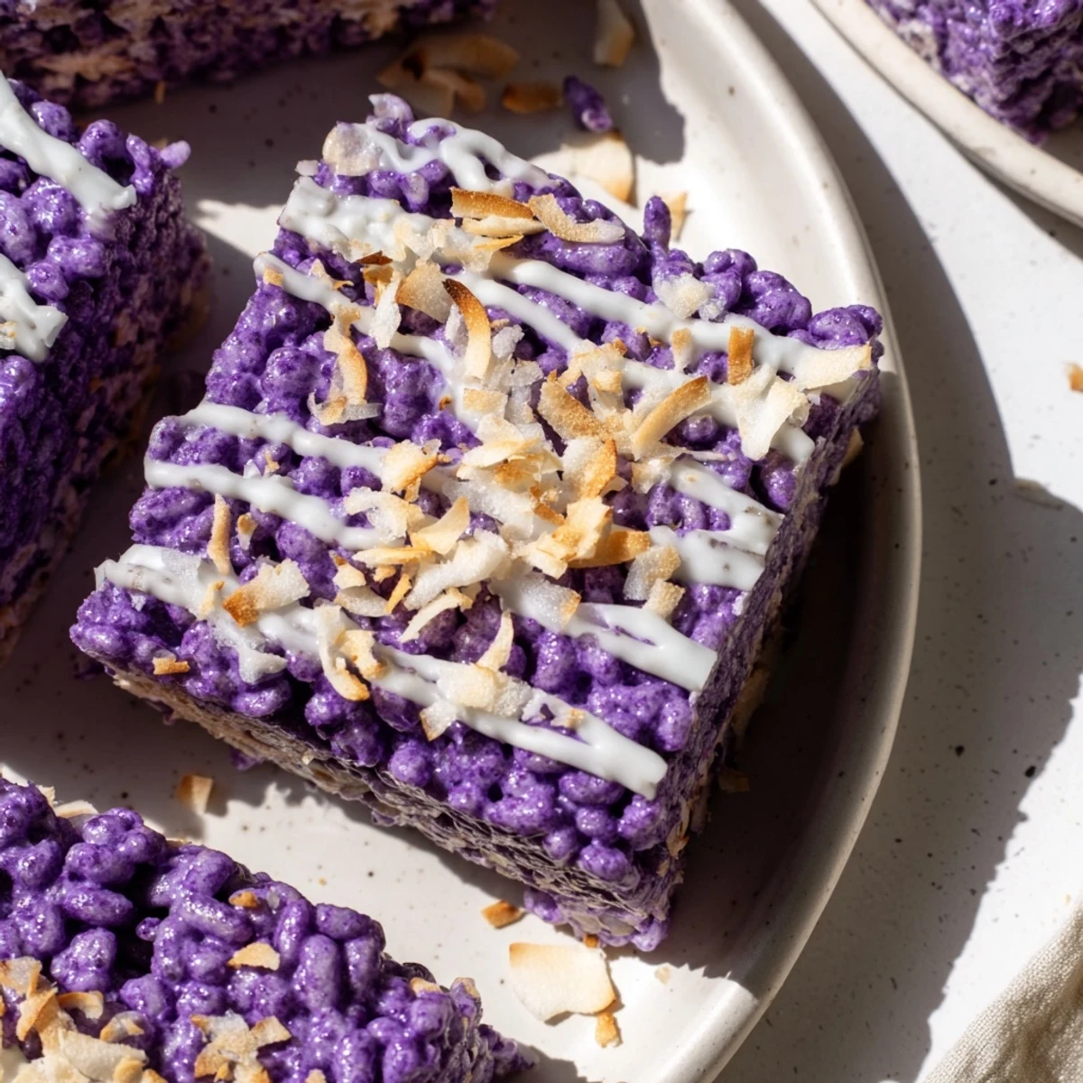 Pan of bright purple ube rice krispie treats cut into squares ready for serving