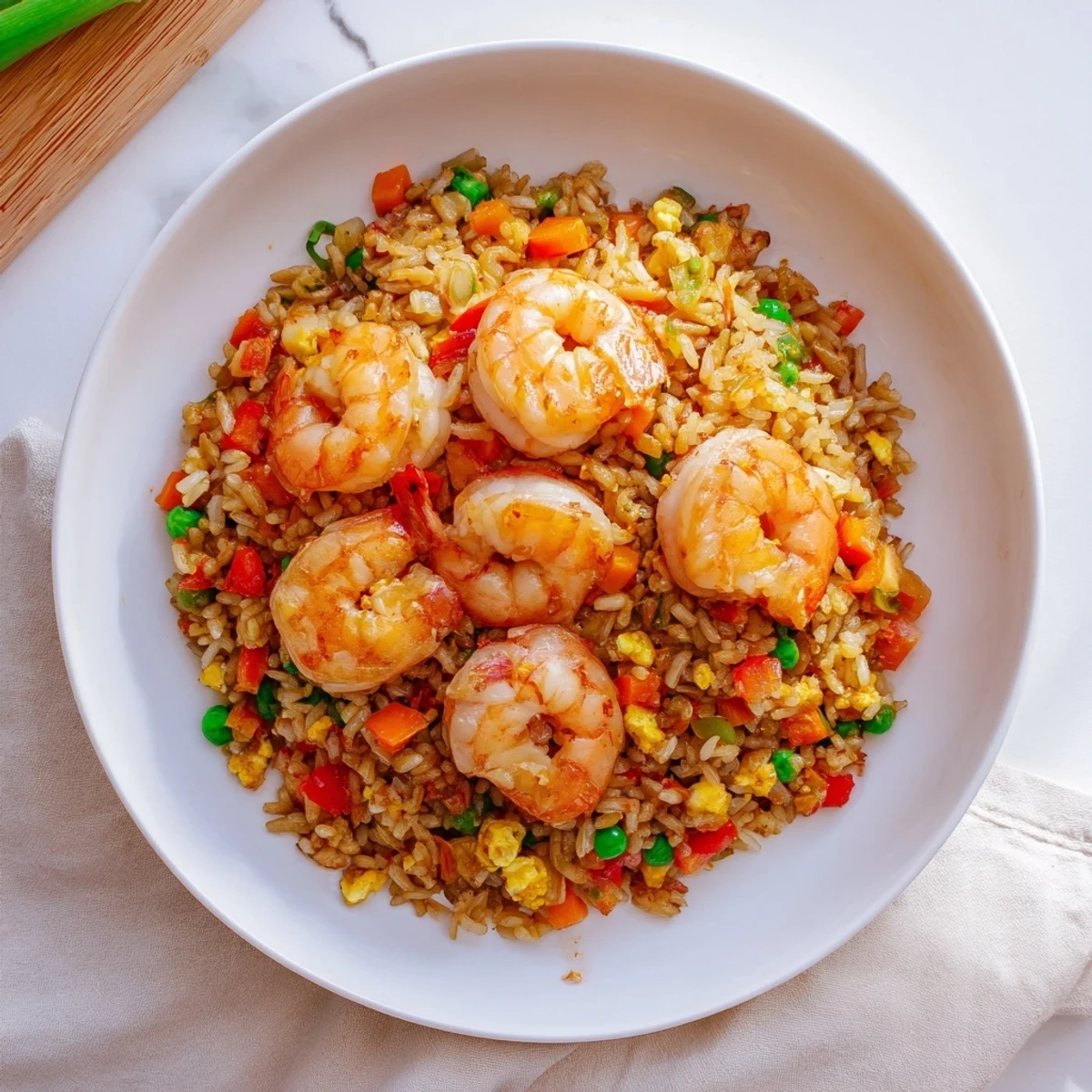 Vibrant Asian fusion plate featuring succulent garlic prawns over fragrant jasmine rice tossed with sweet chilli sauce