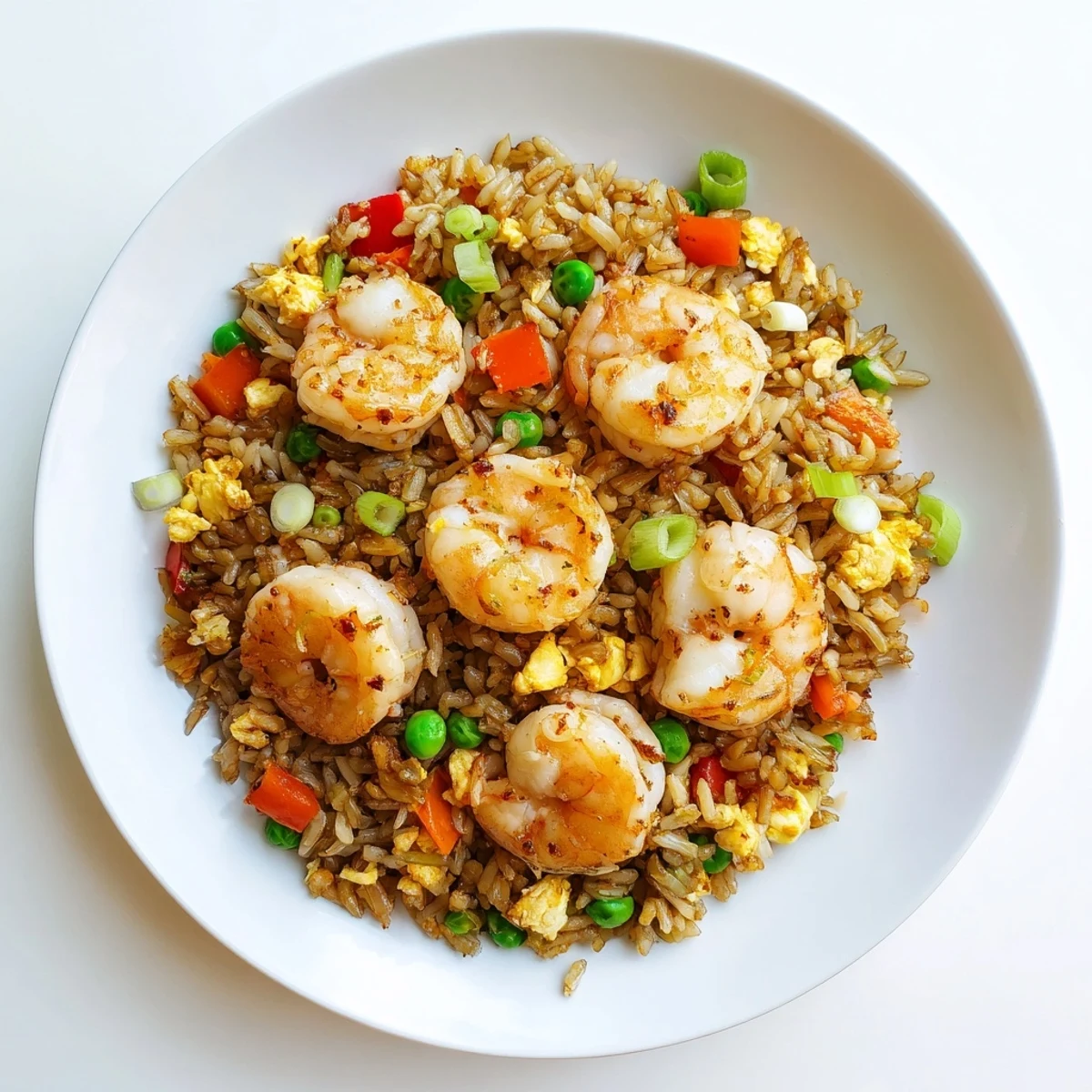 Golden garlic prawns atop sweet chilli fried rice with colorful diced vegetables and spring onions