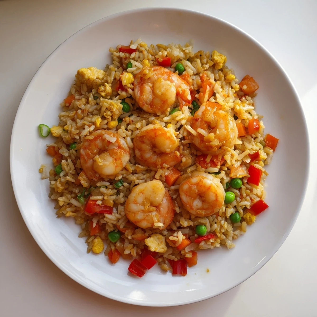 Steaming bowl of sweet chilli fried rice topped with juicy garlic prawns, crisp bell peppers, and scrambled eggs