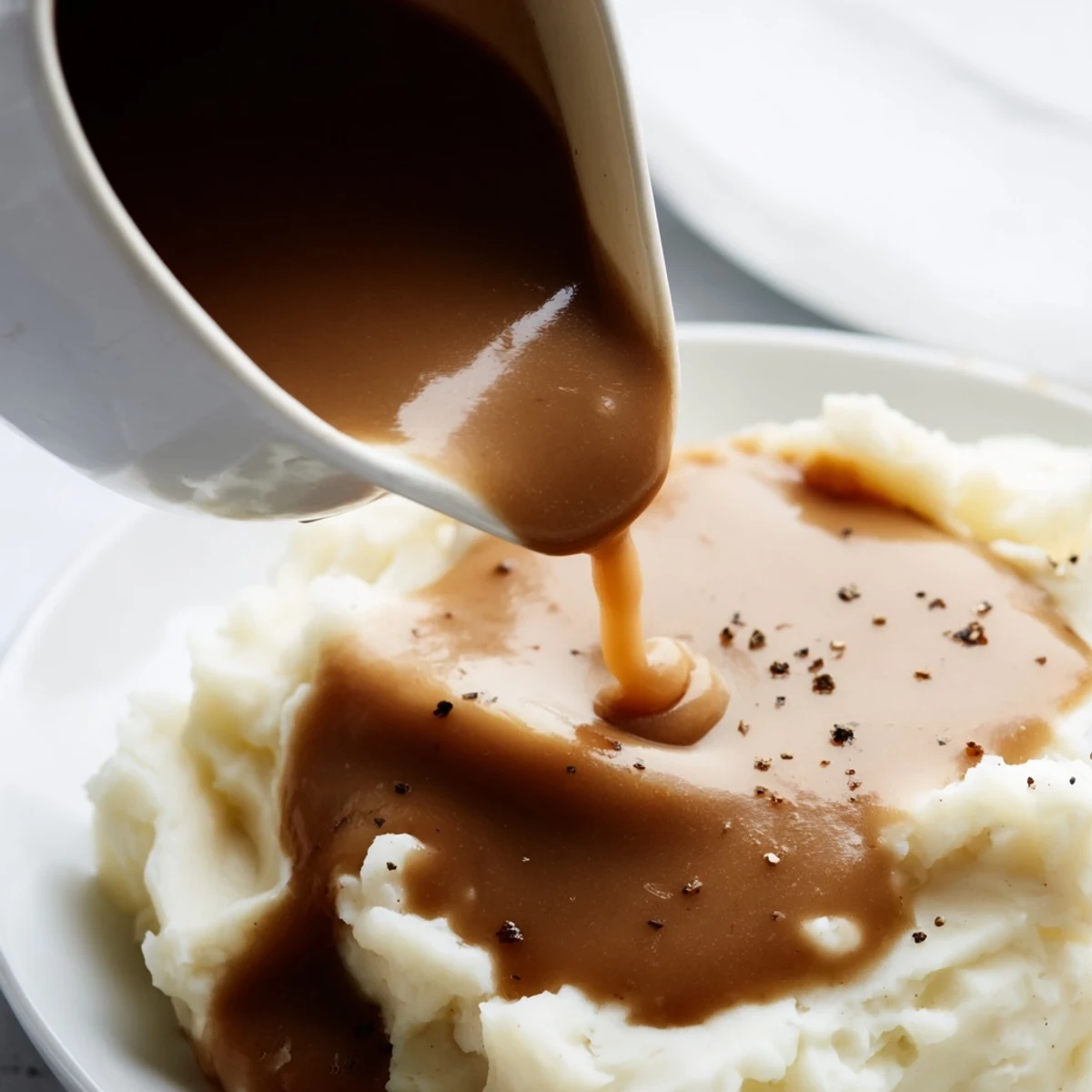 Golden homemade gravy poured generously over fluffy mashed potatoes in a white bowl