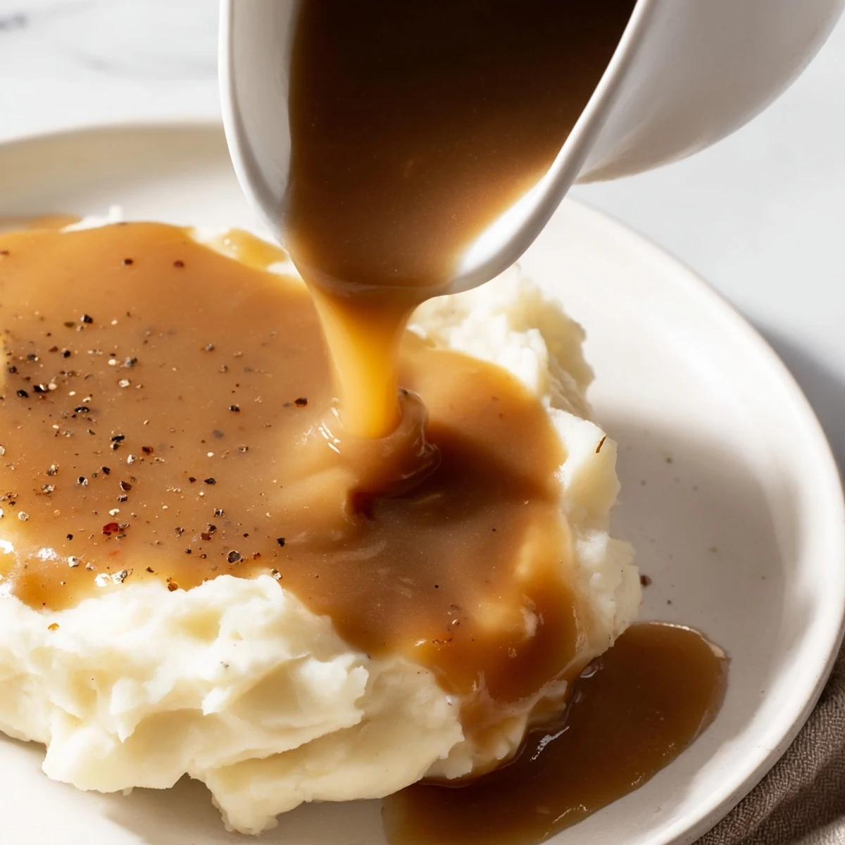 Creamy homemade gravy ladled from a saucepan showcasing its silky smooth rich brown texture