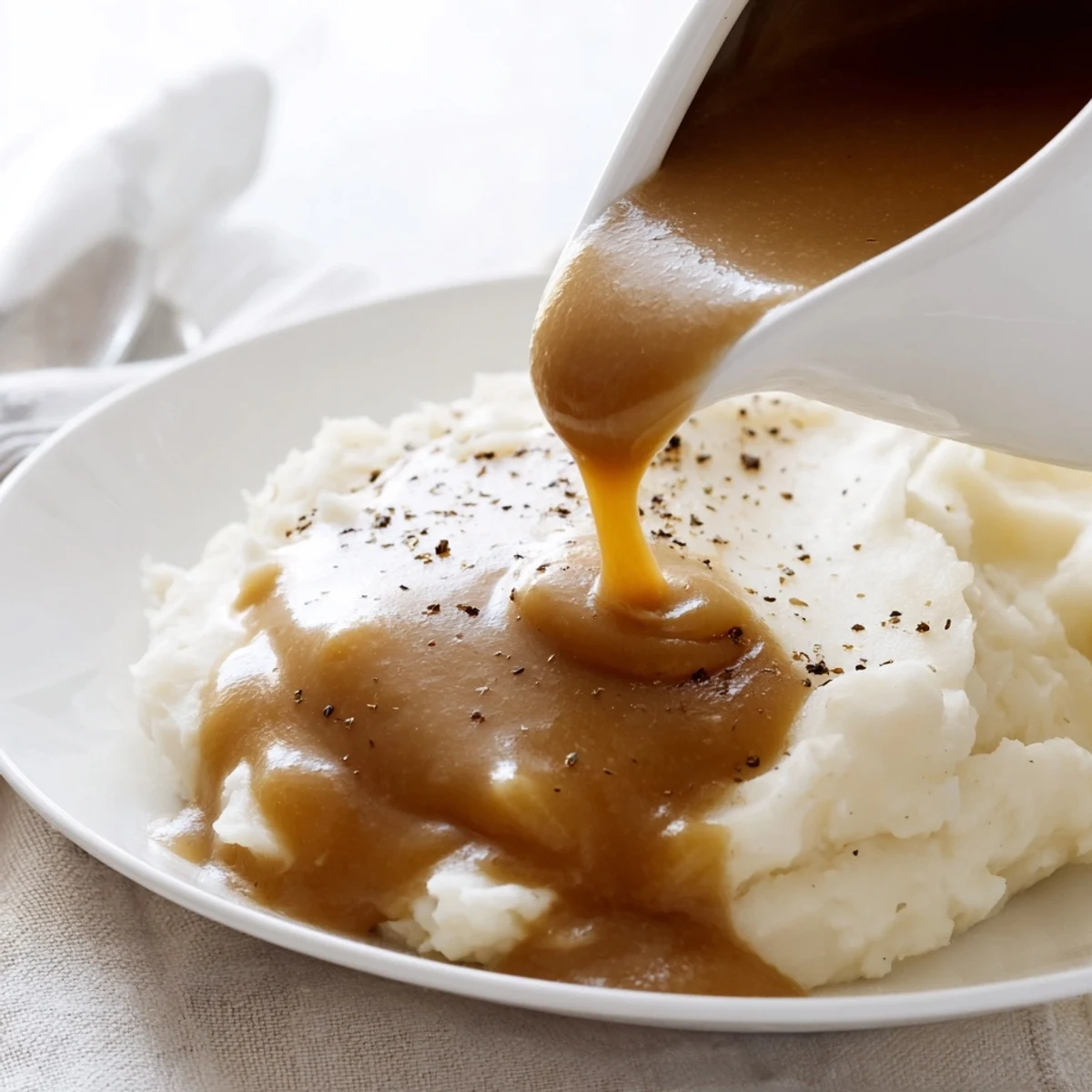 Steaming homemade gravy drizzled across roast beef and vegetables on a rustic wooden platter