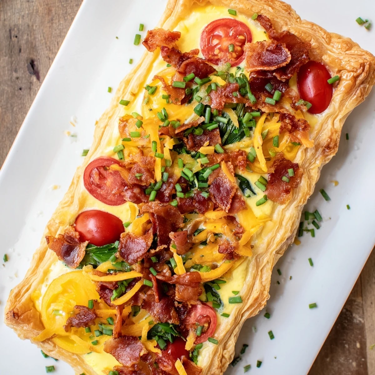 Golden family breakfast tart with flaky crust, bacon, eggs, and fresh vegetables sliced for serving