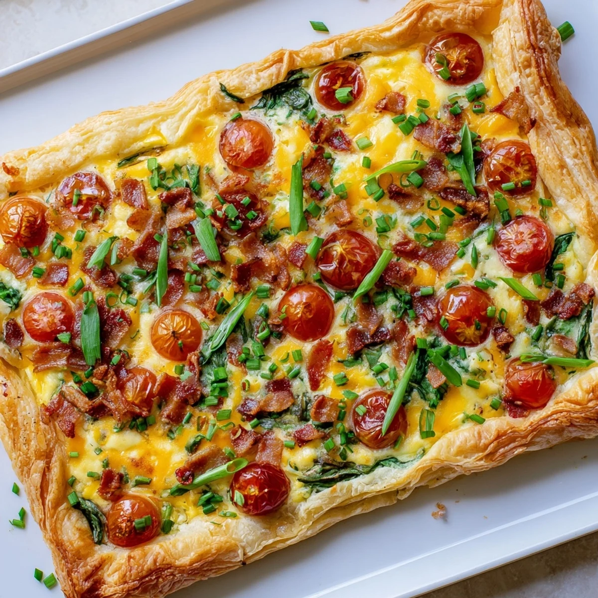 Savory breakfast tart featuring creamy egg custard, crisp bacon, and colorful cherry tomatoes on puff pastry