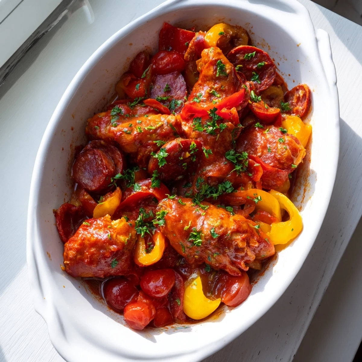 Golden chicken chorizo and tomato casserole bubbling in a Dutch oven with colorful peppers