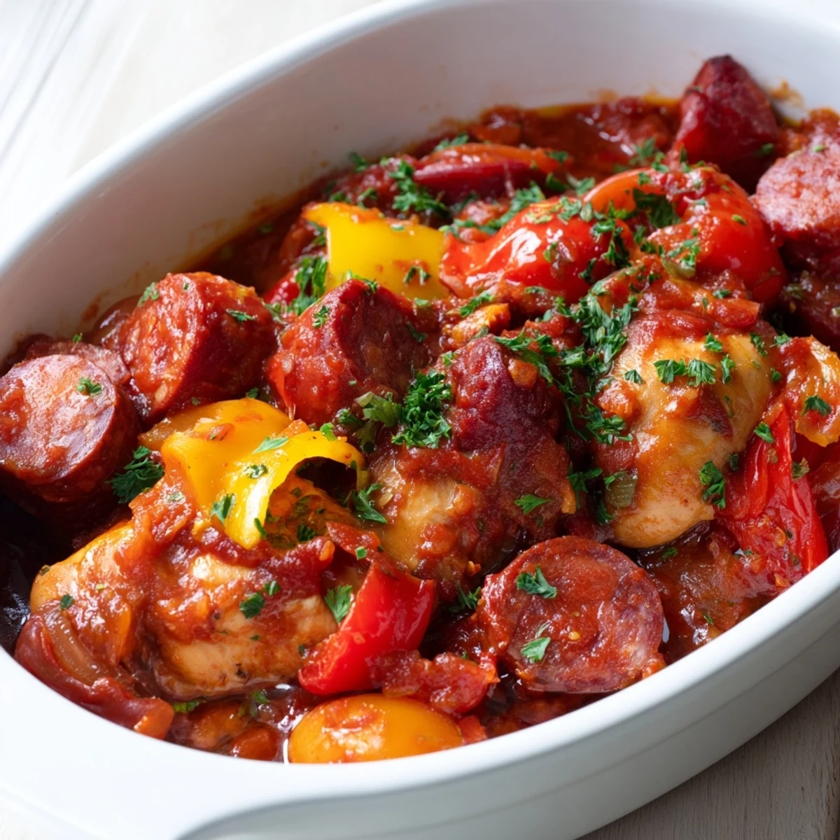 Savory chicken chorizo and tomato casserole featuring tender meat chunks in rich red tomato sauce