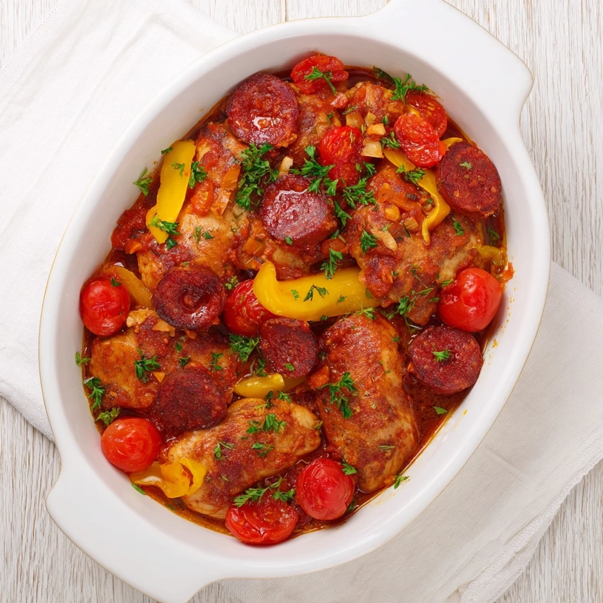 Hearty Spanish-style chicken chorizo and tomato casserole topped with fresh parsley and crusty bread