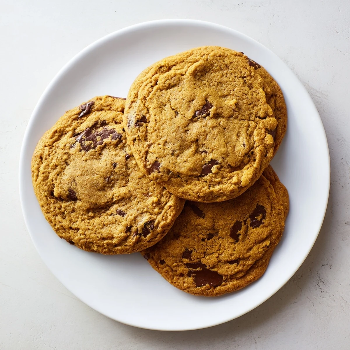 Freshly baked pumpkin spice chocolate chip cookies stacked high with gooey chocolate chips visible throughout