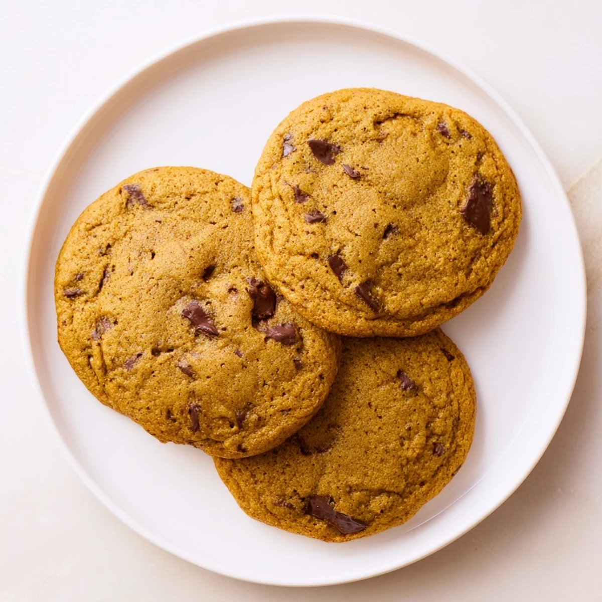Golden brown pumpkin spice chocolate chip cookies cooling on a wire rack with pumpkin puree nearby