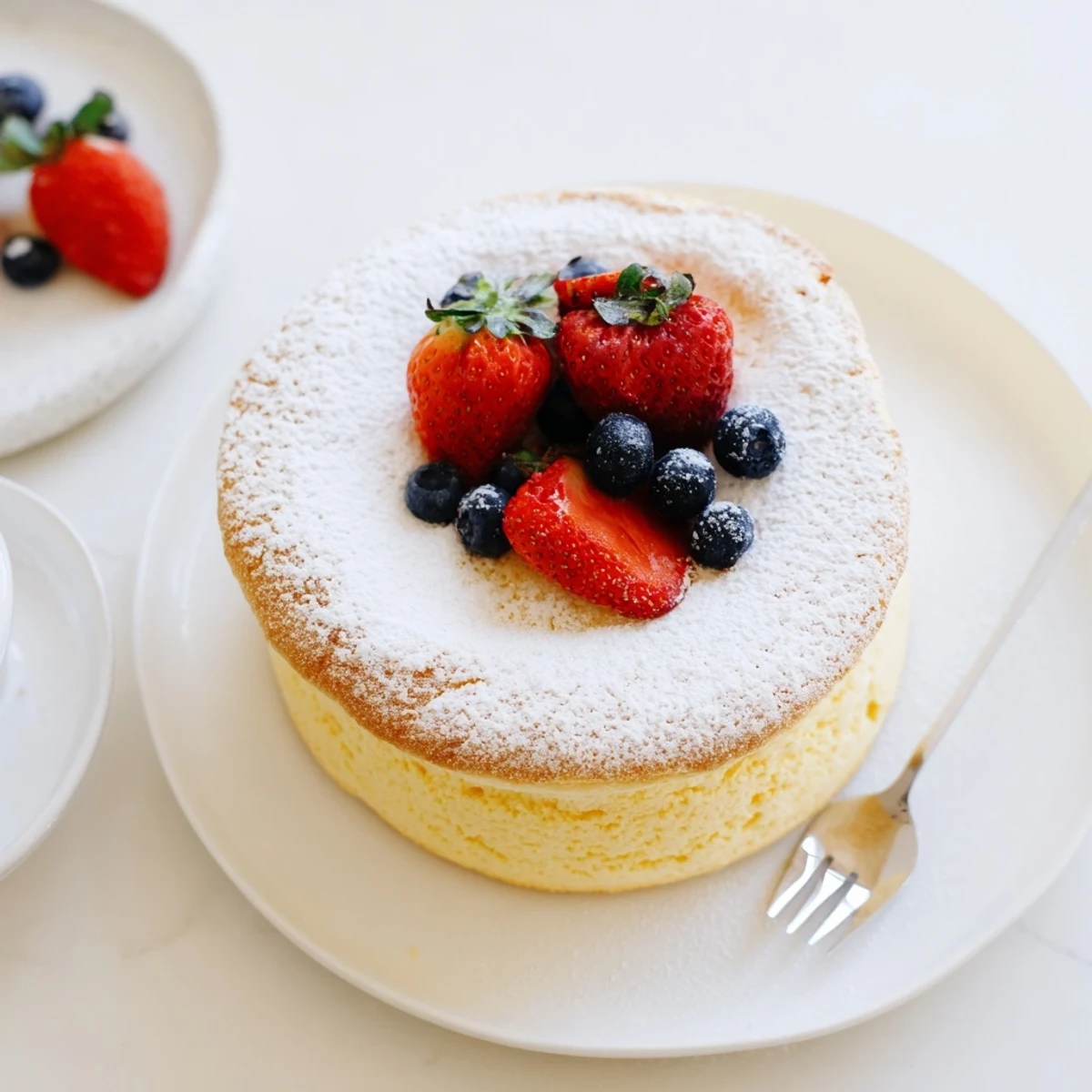 Golden fluffy Japanese cheesecake with smooth melt-in-your-mouth texture on white dessert plate