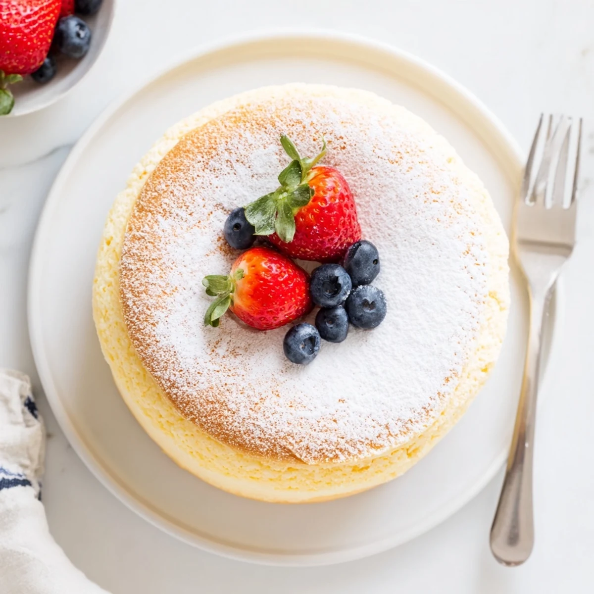 Slice of fluffy Japanese cheesecake dusted with powdered sugar and served with fresh berries