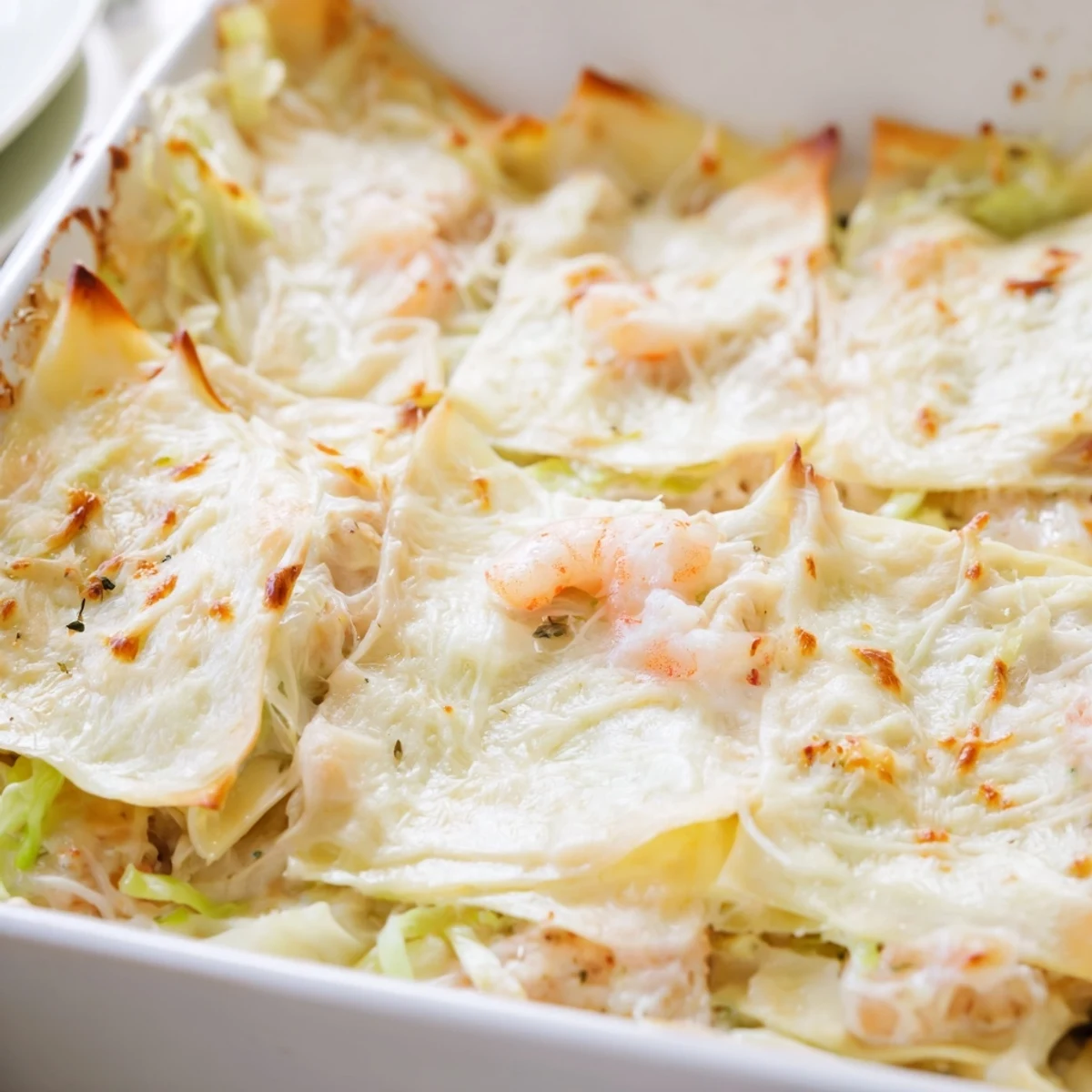 Golden baked shrimp dumpling lasagna featuring layered dumpling wrappers with bubbling melted mozzarella and parmesan