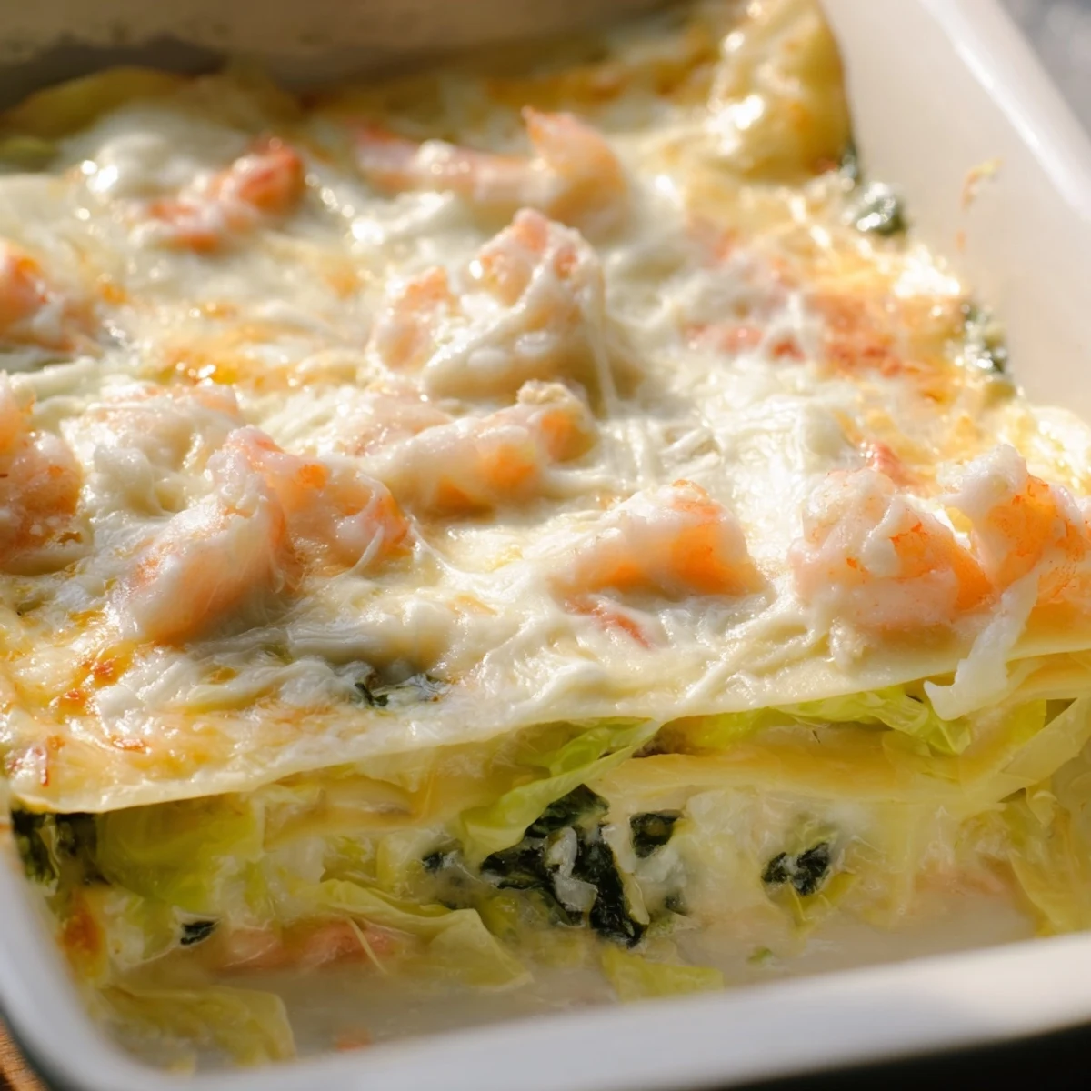 Layered shrimp dumpling lasagna casserole with tender shrimp and ricotta nestled between delicate dumpling sheets