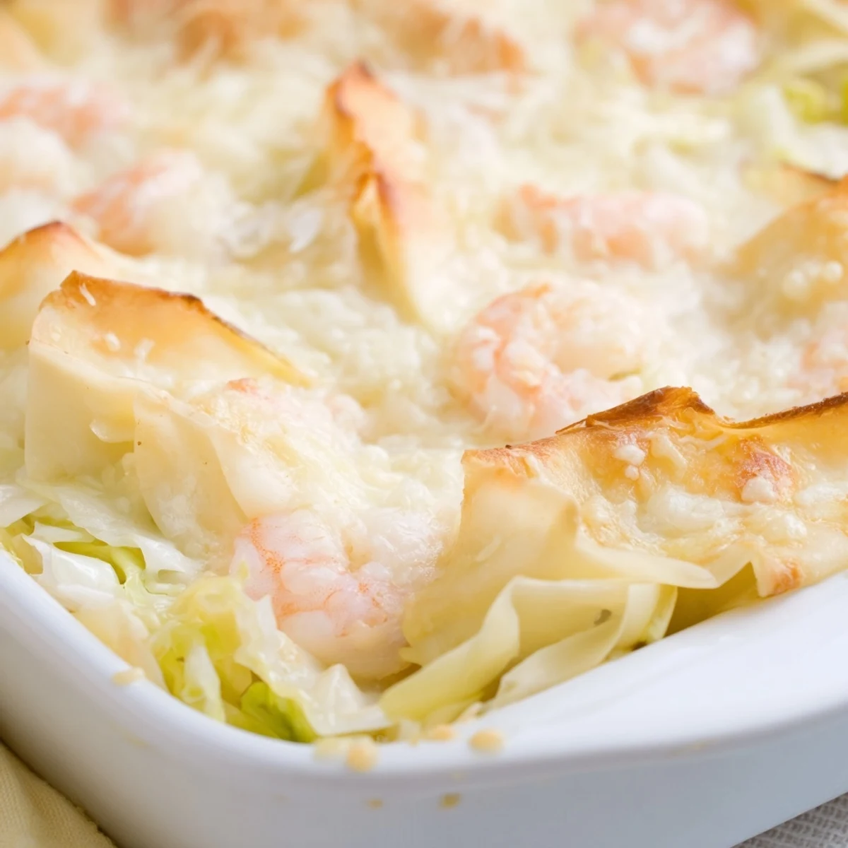 Sliced shrimp dumpling lasagna showing distinct layers of savory shrimp filling and creamy cheese baked to golden perfection