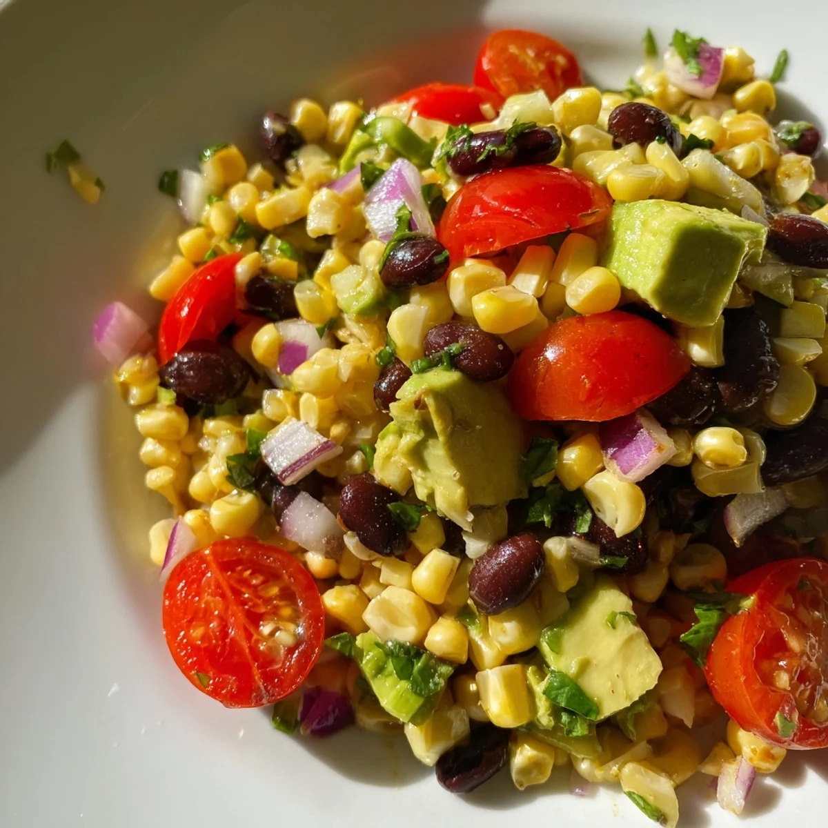 Vibrant Tex-Mex corn and black bean salad topped with creamy avocado and cilantro